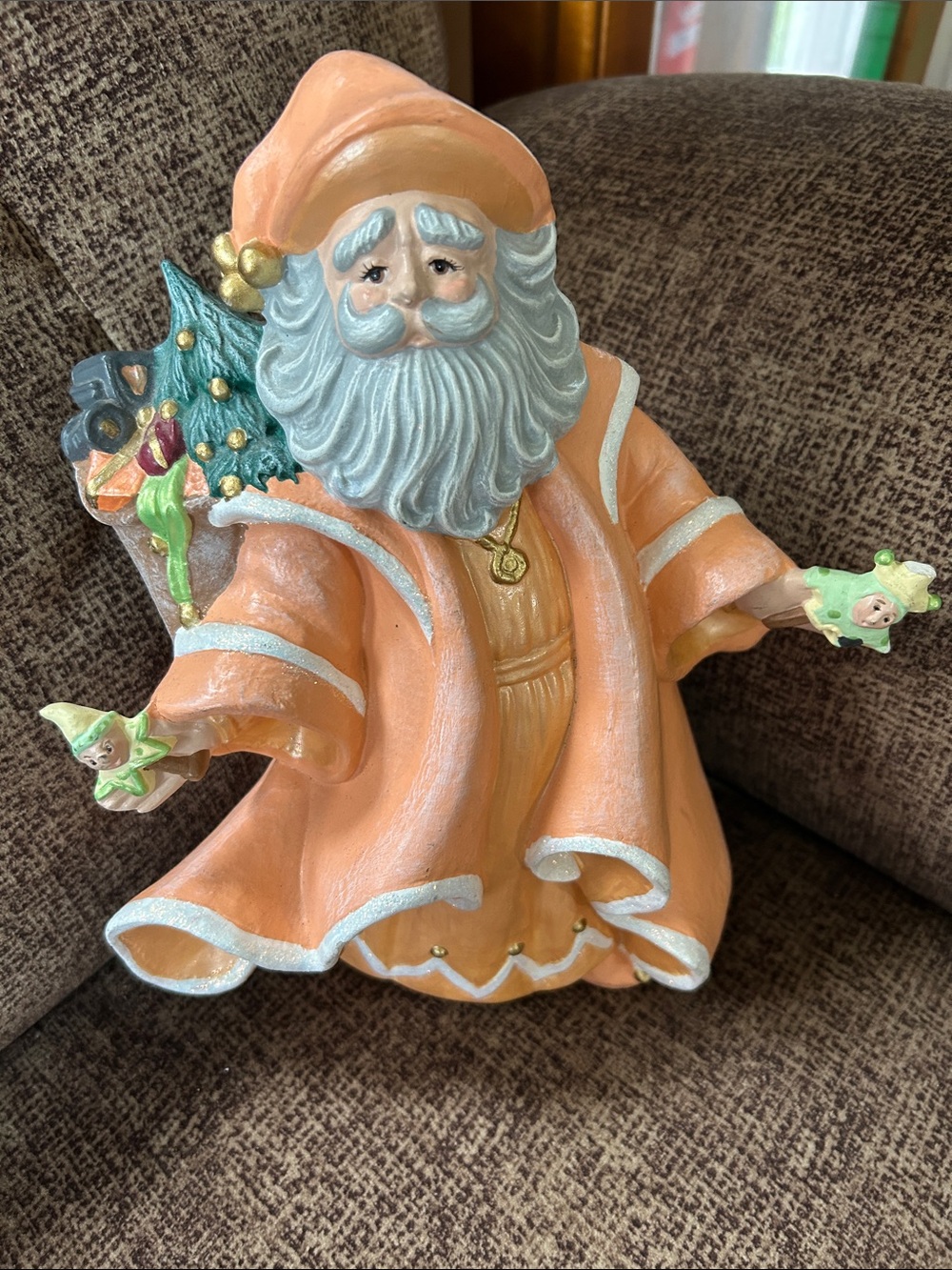 Vintage Orange Ceramic Santa With Gift Bag and Jester Rattles One Small Flaw